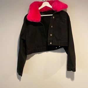 Black jean jacket with pink fuzzy collar